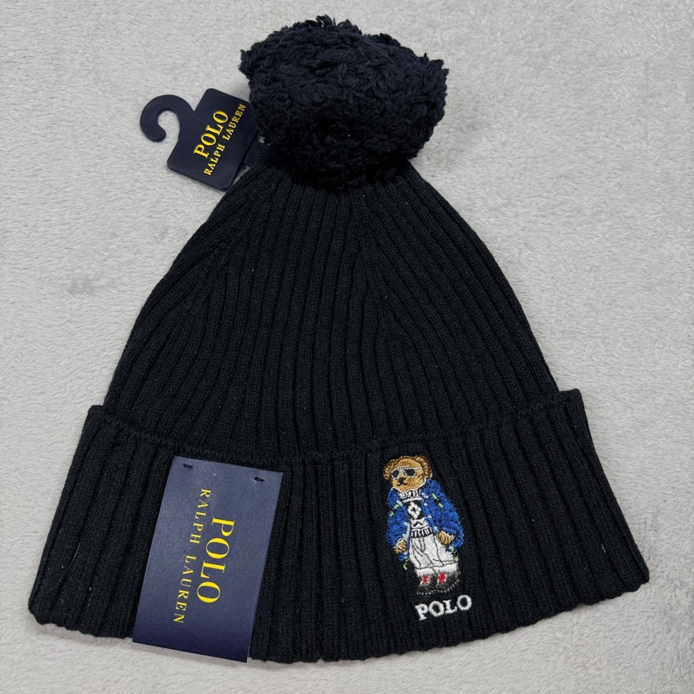 Polo Ralph Lauren Beanie Mens OS Black Polo Bear Ribbed Pom Pom Hat 6F0630